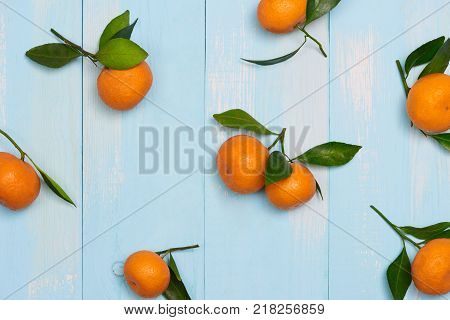 Top View Accessories Chinese New Year Festival Decorations.orange,leaf On Blue Background