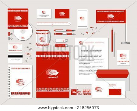 The bright corporate identity with fish and ornaments in ethnic style. Samples of business cards a disk a flag a pen a flash card a form an envelope a mug a notepad a pencil. Vector.
