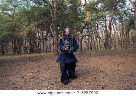 Man In A Traditional Armor Is Practicing Martial Arts, Kendo