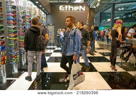 MILAN, ITALY - NOVEMBER 11, 2017: Ethen stand during EICMA 2017 - 75th International Motorcycle Exhibition