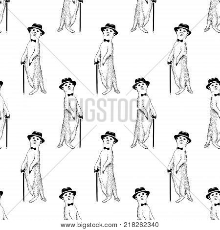 Seamless pattern - gentleman meerkat. Vector hand drawn illustration