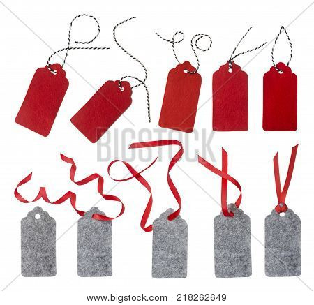 Collage of gift tags isolated on white background. Sale labels. Price tags. Special offer and promotion. Store discount. Shopping time. Gift labels. Label from red and gray felt.