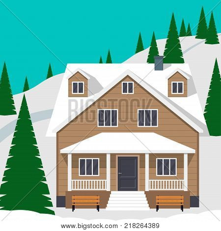 Classic cottage house on snowy hill among the fir trees. Private house in the snow. Vector illustration, flat style