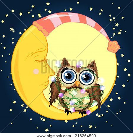 Cute cartoon brown owl tangled in garlands of light bulbs, mimicking the stars and the glow of the crescent moon sits on the slumbering against the night sky with stars