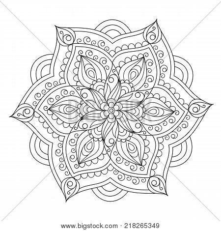 Uncolored Patterned Outline Mandala. Design Element Mandala for Page of Coloring Book.