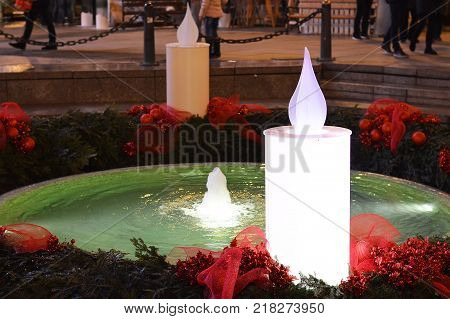 Advent in Zagreb, Croatia, Mandusevac fountain decorated with advent wreath