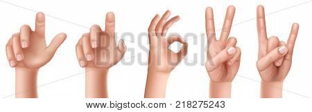 Set of vector illustrations of male or female hand gestures with a raised finger up, an ok sign, victory, a goat isolated on a white background.