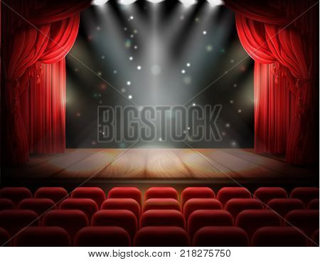 Open red curtain and empty illuminated theatrical stage with falling sparks, confetti realistic vector. Grand opening concept, performance or event premiere poster, announcement banner template