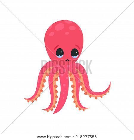 Sad octopus character with tears in his eyes. Invertebrate sea animal concept. Cartoon mollusk with six tentacles. Isolated vector illustration in flat style. Design for print, emoji sticker or poster