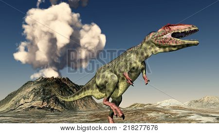Computer generated 3D illustration with a volcanic eruption and the dinosaur Giganotosaurus