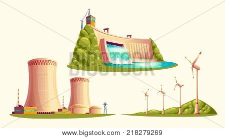 Alternative energy sources, concept of environmental protection, set of vector cartoon isolated on white background. Hydroelectric power plant with dam, wind turbines and nuclear power station