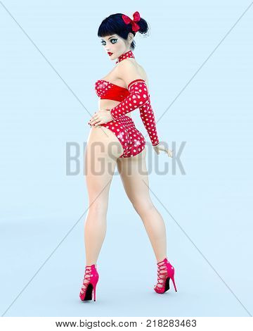 3D sexy girl doll big blue eyes and bright makeup. Woman retro style red shorts. High heel. Bow dark hair. Conceptual fashion art. Seductive candid pose. Realistic render illustration.
