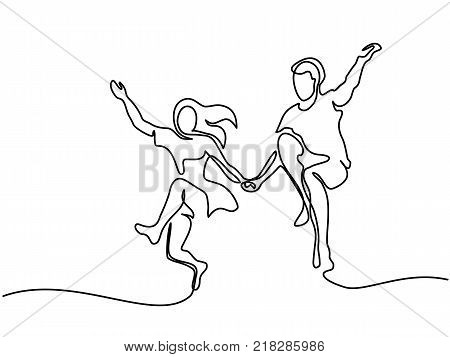 Happy jumping couple. Continuous line drawing. Vector illustration on white background