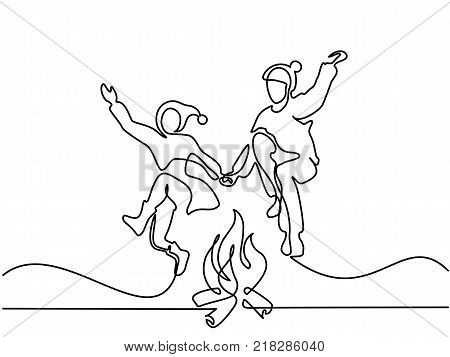 Happy couple jumping over a fire at the winter time. Continuous line drawing. Vector illustration on white background