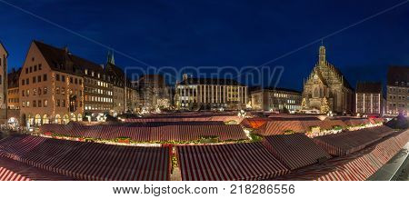 Panorama Of The Christmas Market In Nuremberg During Blue Hour