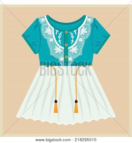 Little Girl Dress. Vintage Vector Clothes for Kids. Blue Top - White Bottom. Laces - Strings.