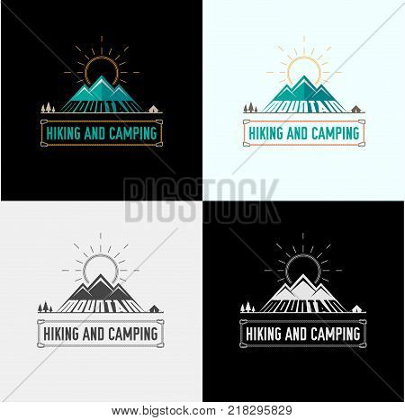 Mountain Tourism Vector Emblem Label Badge Icon in Four Different Colors. Hiking and Camping Icon Set.