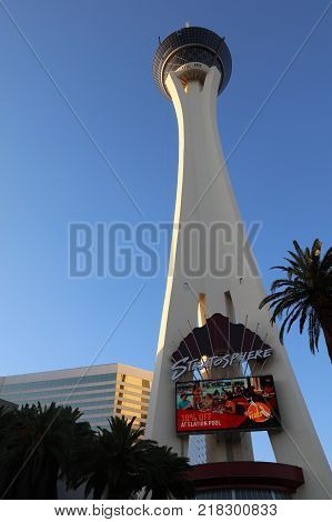 LAS VEGAS, USA - June 30, 2017:The Stratosphere Las Vegas. Its  1,149 ft (350.2 m) high and the tallest freestanding observation tower in the United States.