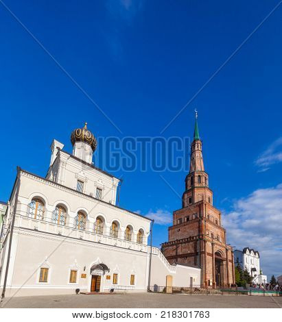 Kazan Kreml House church and leaning Soyembika Tower (Khan's Mosque). Kazan Kremlin is a UNESCO World Heritage Site and  historic citadel of Tatarstan in Russia