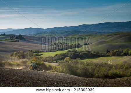 Volterra, Pisa, Italy - November 1, 2017: Hikers Depart From Saline For The Volterra Hills