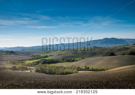 Volterra, Pisa, Italy - November 1, 2017: Hikers Depart From Saline For The Volterra Hills