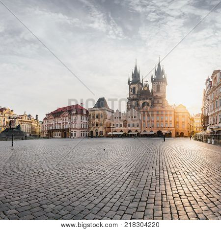 Kostel Panny Marie pred Tynem at the sunrise. Church of the Virgin Mary. Beautiful Old Town Square with the church without people in Romanesque - Gothic style.