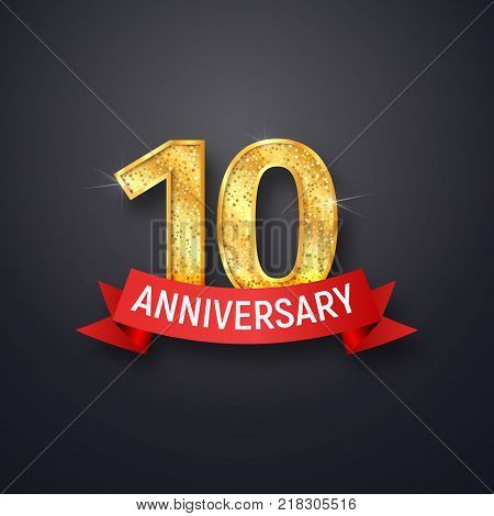 Golden number tenth anniversary with red ribbon on dark background. Ten years isolated template of celebration vector illustration