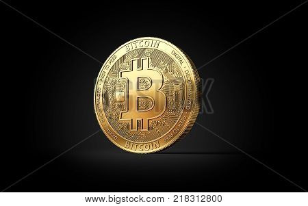 Golden Bitcoin BTC cryptocurrency coin isolated on black background. 3D rendering