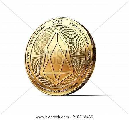 Golden EOS cryptocurrency physical concept coin isolated on white background. 3D rendering