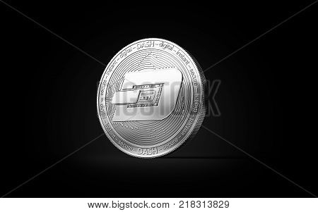 Silver Dash cryptocurrency physical concept coin isolated on black background. 3D rendering