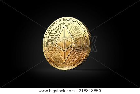 Golden Ethereum ETH cryptocurrency coin isolated on black background. 3D rendering