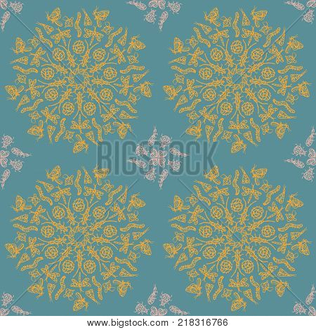 Ornamental round lace pattern, circle patern with many details, crocheting handmade lace, lacy arabesque designs. Orient traditional ornament. Oriental motif. The mandala with a beautiful bug.