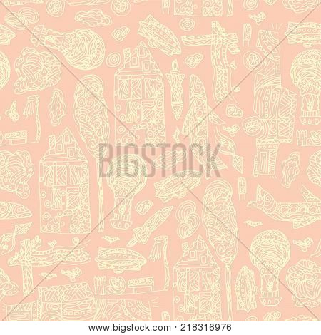 Doodle hand drawn town seamless pattern. Pastel abstract wallpaper. Vector illustration for your cute design. car, house, plane, balloon, rocket.