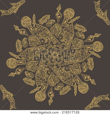 Ornamental round lace pattern, circle background with many details, looks like crocheting handmade lace, lacy arabesque designs. Orient traditional ornament, motif. city, house, airplane, airship