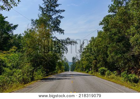 Asphalt straight road in the countryside of Thailand.