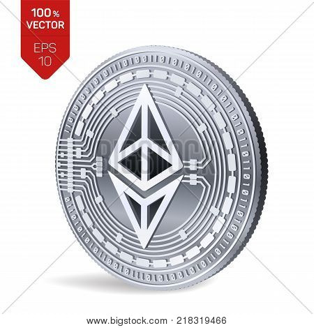 Ethereum. 3D isometric Physical coin. Digital currency. Cryptocurrency. Silver coin with ethereum symbol isolated on white background. Vector illustration