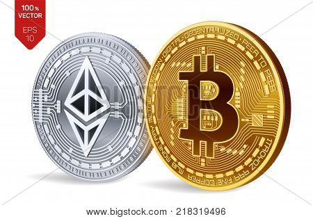 Bitcoin and Ethereum. 3D isometric Physical coins. Digital currency. Cryptocurrency. Golden and silver coins with bitcoin and ethereum symbol isolated on white background. Vector illustration