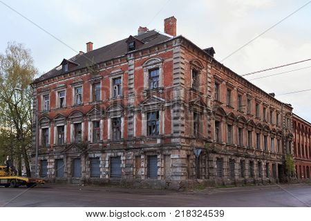 View of the old abandoned building in the center of Kaliningrad (former german town Konigsberg). At the end of World War II in 1945 the city became part of the Soviet Union. Now is russian exclave.