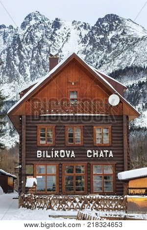 HREBIENOK, SLOVAKIA - JANUARY 07, 2015: Wooden hotel called Bilikova chata. Is a historical high mountain cottage in the Tatra National park. It lies on the southeastern foot of the Slavkovsky peak.