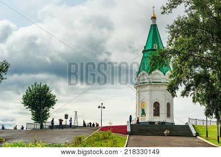 Krasnoyarsk Russia- August 9 2017: Paraskeva Pyatnitsa Chapel on the top of Karaulnaya Mountain