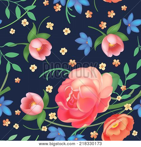 Shabby chic vintage roses, tulips and forget-me-nots vintage seamless pattern, classic chintz floral repeat background for web and print. Vector illustration