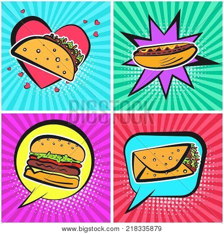 Bright retro comic speech bubbles with cute fastfood symbols. Outline colorful taco burrito hamburger hot dog on cute cartoon bubbles with shiny stripes for restaurant menu advertisement