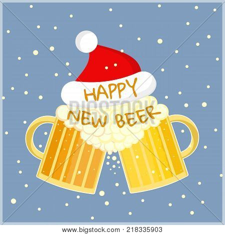 Flat cartoon colorful two beer glasses in christmas hat toast cheers symbol. Toasting foamy ale pints with Happy New Beer text. Nice color winter holidays card with beer