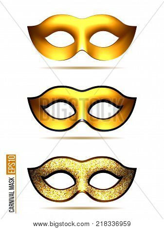 Set of Golden Carnival Mask, Masquerade, Mardi Gras. Carnival glittering design for Night Party Poster, Dance Party Flyer, Musical Party Banner, Carnival Invitation.