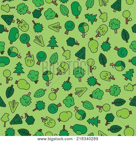 Forest trees, evergreens coniferous trees and pine on green seamless background pattern. Color forest trees on green background pattern vector