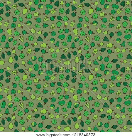 Forest trees, evergreens coniferous trees and pine on green seamless background pattern. Color forest trees on green background pattern vector