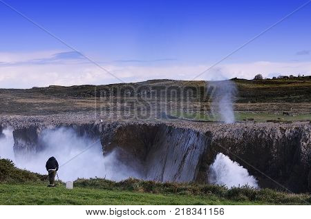Bufones De Pria In The Coast Near A Cliff In Asturias.