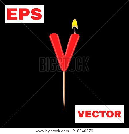 Realistic candle letter V isolated on black background. 3d. Stock - Vector illustration