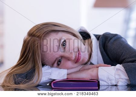 Portrait of Business Woman with Pen. Copy Space