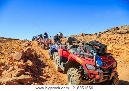 Ait Saoun Morocco - February 23 2016: Quad bikes in Ait Saoun desert at Morocco during sunset.